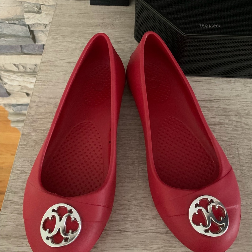 CROCS Red Ballet Flats with Silver Metal Emblem